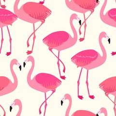 Allover seamless repeat pattern with sophicticated falamingos in pink and coral on an ivory background