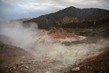 Volcanic sulfur-hydrogen geysers in the Landmannalaugar mountains