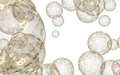 Bitcoin economic financial bubble. Cryptocurrency 3D illustration. Business concept. Gold bubbles on white background. Bit, Coin, mining concept