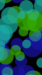 Multicolored translucent circles on a dark background. Green tones. 3D illustration