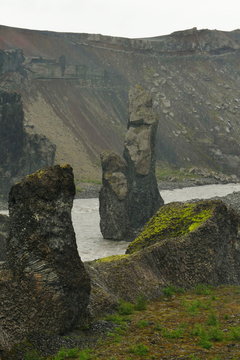 Karl og Kerling rock formation looking like a man and woman, seen in Vesturdalur, Iceland