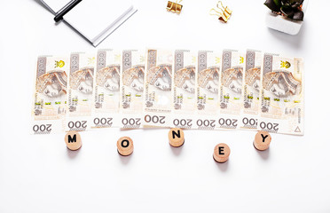 Money on white background, polish currency, polish zloty, banknotes