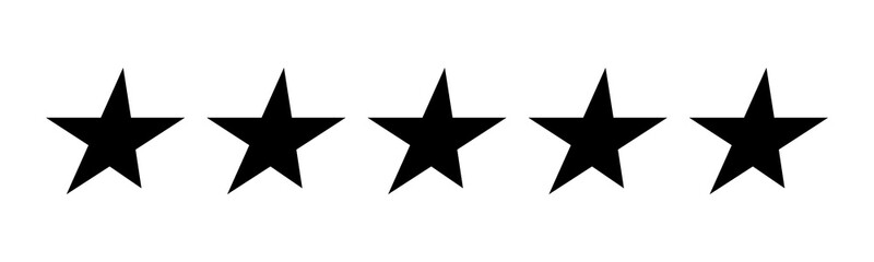 Five black stars in flat design. Set of vector stars