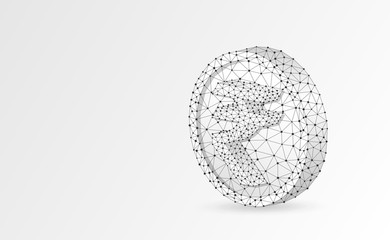 Rupee Golden Coin 3d illustration. Origami Polygonal Vector business, money, finance, cash, circle concept. Low poly wireframe, triangle, lines, dots, polygons. White background. RGB color mode
