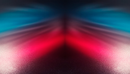 Background empty street at night. Wet asphalt, reflection of neon multi-colored light. Fog, smoke