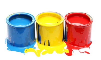 Open tin can color paint, blue, red and yellow isolated on white background and clipping path