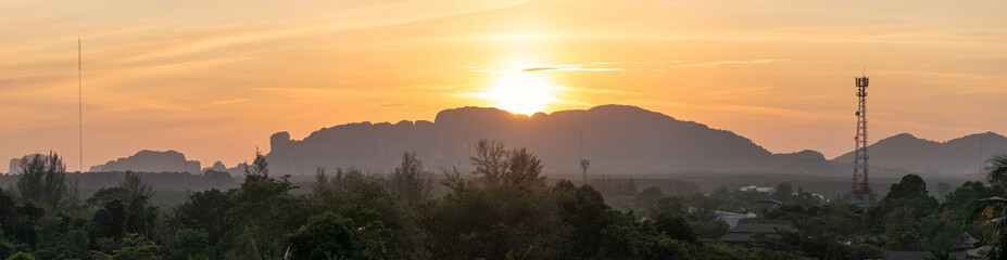 Panorama of landscape view on mountains silhouette at sunset time in asian nature