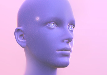Android robot head with wireframe in neon colors. Human head with cyber microchip. Artificial intelligence. 3d render