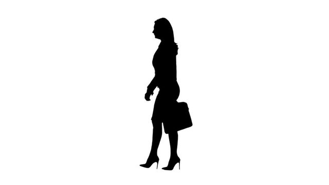 Girl goes looking at the clock and starts to run. Side view. White background. Silhouette