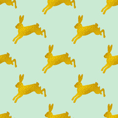 Golden Easter seamless pattern with rabbits