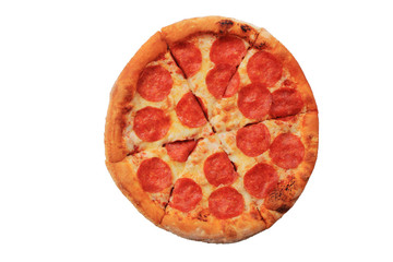 Pepperoni pizza sliced round italian food close up top view isolated on empty white background. Fresh classic pepperoni pizza recipe of hot pizza with fresh pepperoni sausage and cheese ingredients