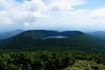 View of Onami Ike from top of Mt. Karakunidake, highest mountain in Ebino kogen area, Kyushu, Japan