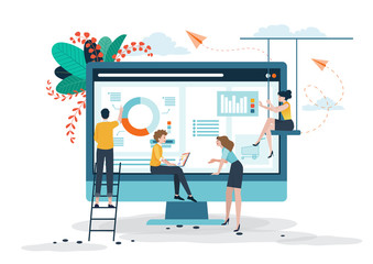 Business concept, social media, learning,  People  are creating  business on internet, analysis and problem solving, Online business promotion, Brainstorming together in team work.Vector illustration.