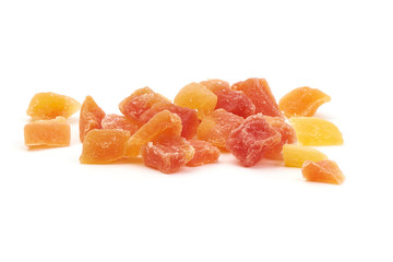 Dried fruits apricot and papaya, close-up, isolated on white background