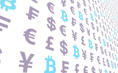 Bitcoin and currency on a white background. Digital Cryptocurrency symbol. Business concept. Market Display. 3D illustration