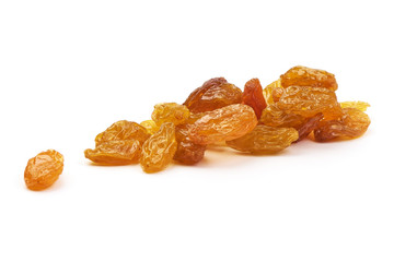 Yellow sweet raisins, dried grapes, close-up, isolated on white background