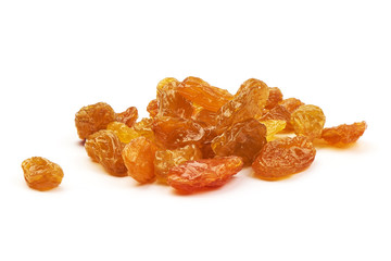 Sweet dried raisins, yellow grape berries, close-up, isolated on white background