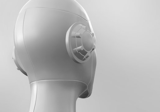 Realistic robotic head, back view. Artificial intelligence, machine learning background. 3d render