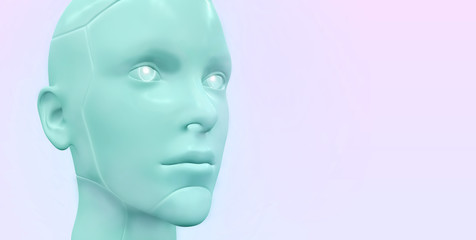 Realistic robotic head in neon colors. Artificial intelligence, machine learning. Technology background. 3d render