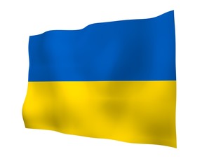 The flag of Ukraine on a white background. National flag and state ensign. Blue and yellow bicolour. 3D illustration waving flag