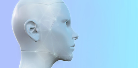 Realistic robotic head with abctract lines and dots. Neural network , deep learning , artificial intelligence in virtual reality. 3d render 