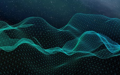 Abstract landscape on a dark background. Cyberspace grid. Hi-tech network. Outer space. Starry outer space texture. 3D illustration