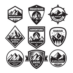 Set of adventure outdoor concept badges, summer camping emblem, mountain climbing logo in black & white colors. Monochrome stencil stamps. Creative vector illustration. Graphic design elements.  