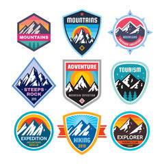 Obraz premium Set of adventure outdoor concept badges, summer camping emblem, mountain climbing logo in flat style. Extreme exploration sticker symbol. Creative vector illustration. Graphic design element. 