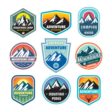 Set of adventure outdoor concept badges, summer camping emblem, mountain climbing logo in flat style. Extreme exploration sticker symbol. Creative vector illustration. Graphic design element.  