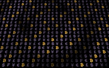 Obraz premium Bitcoin and currency on a dark background. Digital Cryptocurrency symbol. Wave effect, currency market fluctuations. Business concept. 3D illustration