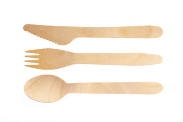 Eco-friendly materials. Wooden, disposable tableware on a white background.