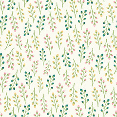 Flower bud branches, pink, yellow and blue floral, seamless vector pattern