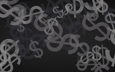 Gray translucent dollar signs on dark background. Gray tones. 3D illustration