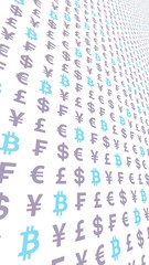 Bitcoin and currency on a white background. Digital Cryptocurrency symbol. Business concept. Market Display. 3D illustration