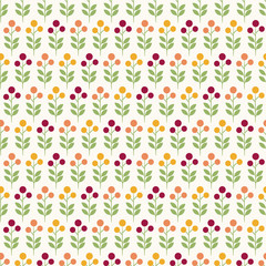 Retro flowers in yellow, orange and red on white background, seamless vector pattern