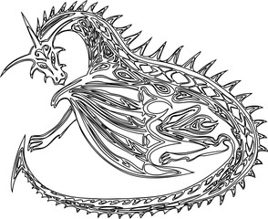 Contour drawing of a fabulous decorative dragons