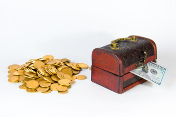 Against the dollar and gold coins on a white background.