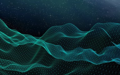 Abstract landscape on a dark background. Cyberspace grid. Hi-tech network. Outer space. Starry outer space texture. 3D illustration