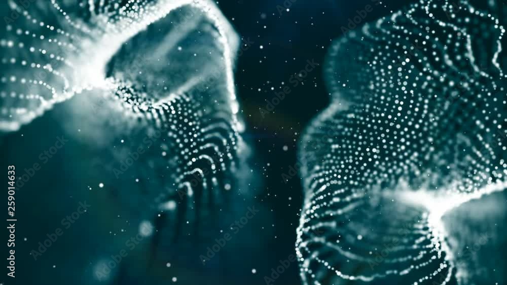 Poster dof particles, beautiful wavy surface with fabric effect, 3d rendering background, computer renderin
