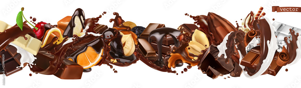 Wall mural chocolate mix. splashes with fruits, nuts, caramel and milk chocolate. 3d vector realistic set