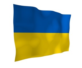 The flag of Ukraine on a white background. National flag and state ensign. Blue and yellow bicolour. 3D illustration waving flag