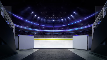 Hockey stadium ice rink entry corridor with blurry background,  indoor 3D render illustration © LeArchitecto