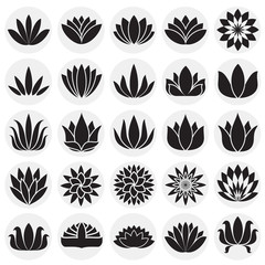 Lotos flowers icons set on circles white background for graphic and web design. Simple vector sign. Internet concept symbol for website button or mobile app.