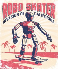 Humanoid robot riding a skateboard - vintage retro poster in a stamp printing style. Vector illustration. Grunge texture on separate layer. © Agor2012