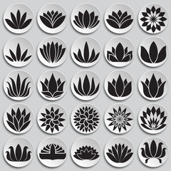 Lotos flowers icons set on plates background for graphic and web design. Simple vector sign. Internet concept symbol for website button or mobile app.