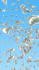 Flying dollars banknotes isolated on a blue background. Money is flying in the air. 100 US banknotes new sample. 3D illustration