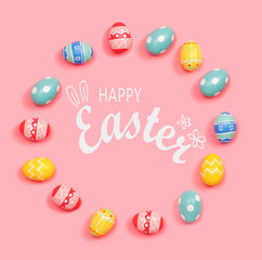 Happy Easter message with round frame of Easter eggs 