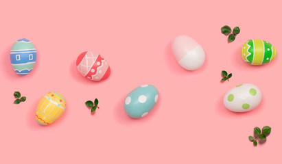 Colorful Easter eggs overhead view flat lay
