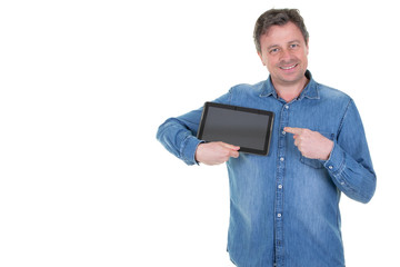 isolated man showing blank screen on tablet in white backround