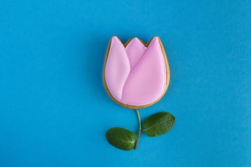Creative spring background.Pink tulip  in the form of gingerbread on the blue background.Top view.Copy space.